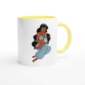Mug en céramique blanc à anse jaune, illustré d’une héroïne allaitant son bébé