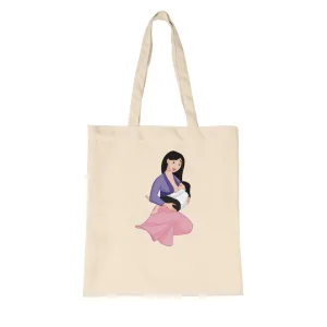 Tote bag en coton naturel illustré d’une héroïne allaitant son bébé