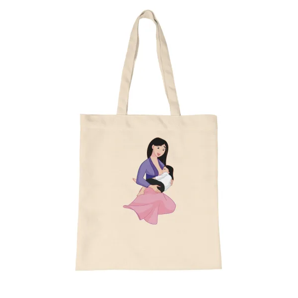 Tote bag en coton naturel illustré d’une héroïne allaitant son bébé