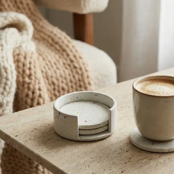 Coffret Complet 4 Dessous de Verre Terrazzo (Jesmonite) + Support