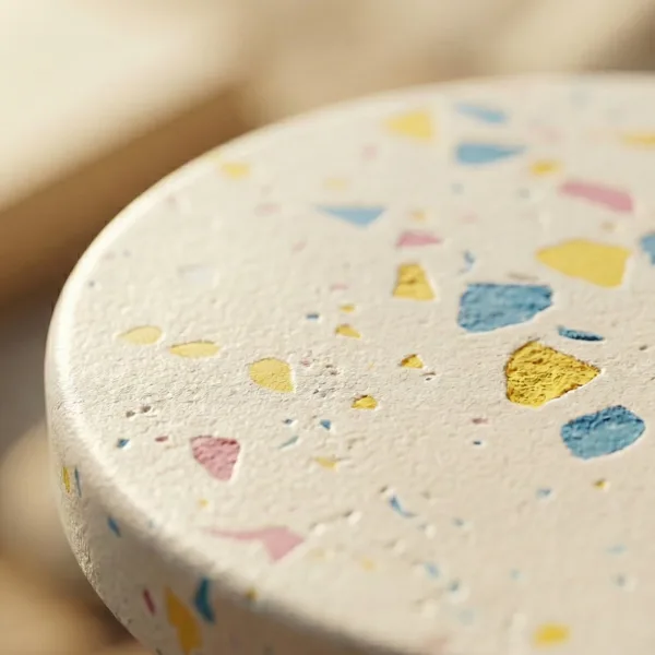 Coffret complet 4 dessous de verre terrazzo en Jesmonite avec support, fait main, pour décoration et protection de table.