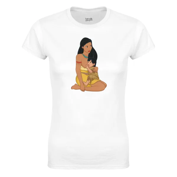 T-shirt blanc Héroïnes allaitantes, vue de face, illustré d’une héroïne allaitant son bébé