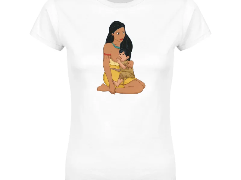T-shirt blanc Héroïnes allaitantes, vue de face, illustré d’une héroïne allaitant son bébé